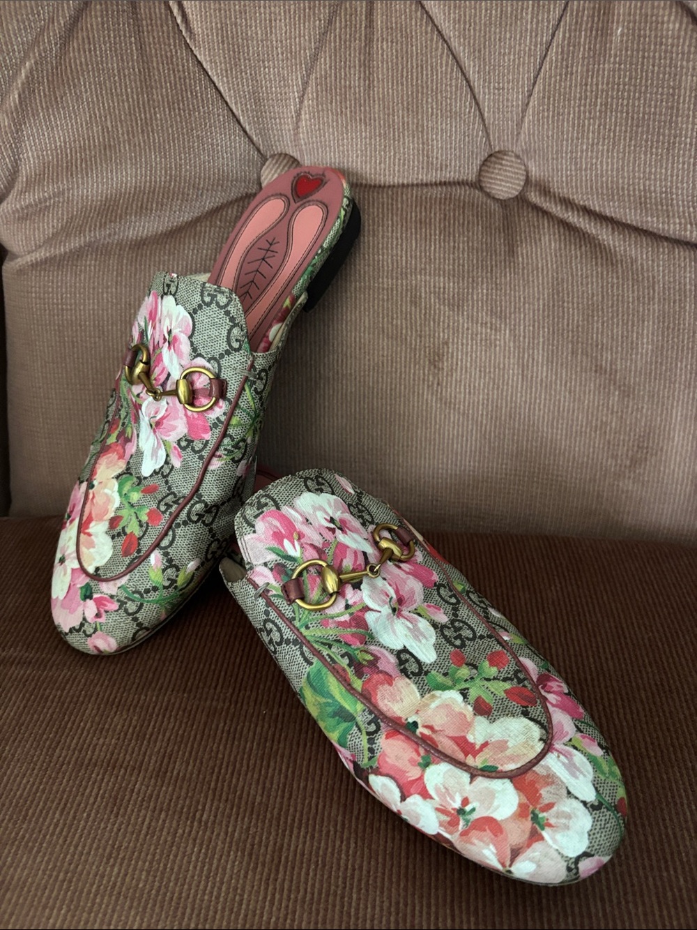 Gucci Blooms Horsebit Princetown Mules GG Floral Canvas Leather Slip On Pink Tan - Picture 9 of 17